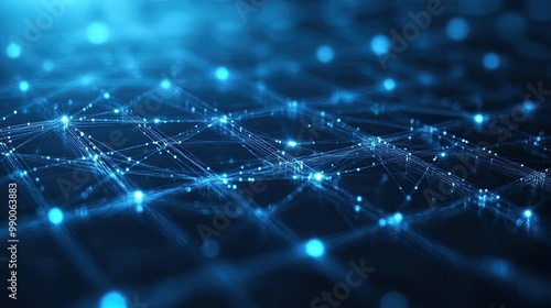 Digital network design with blue squares and plexus lines, representing advanced technology and connectivity.
