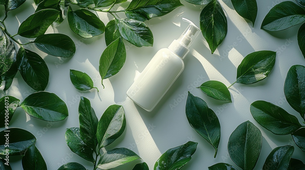 Natural Skincare Bottle with Green Leaves on White Background Natural Skincare Bottle with Green Leaves on White Background