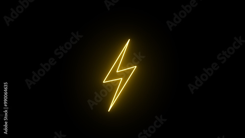 Glowing yellow neon flickering lightning bolt, Flash icon. Charge flash icon. Thunder blinking bolt. Lighting strike and bolt sign