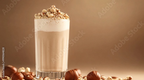 Closeup of a hazelnut milkshake in a glass with hazelnuts scattered around.