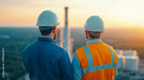 Engineers Overlooking Industrial Plant at Sunset, Emphasizing Environment Social Governance (ESG) Practices photo