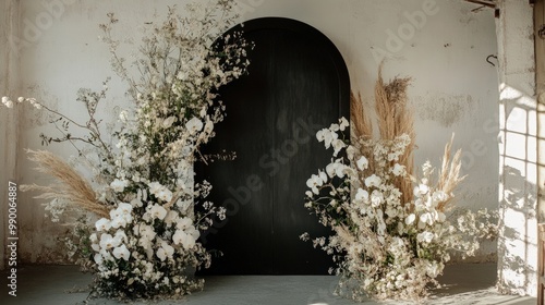 Wallpaper Mural A minimalist black-and-white wedding backdrop with a sleek black arch adorned with white orchids and greenery, creating a bold and modern contrast Torontodigital.ca