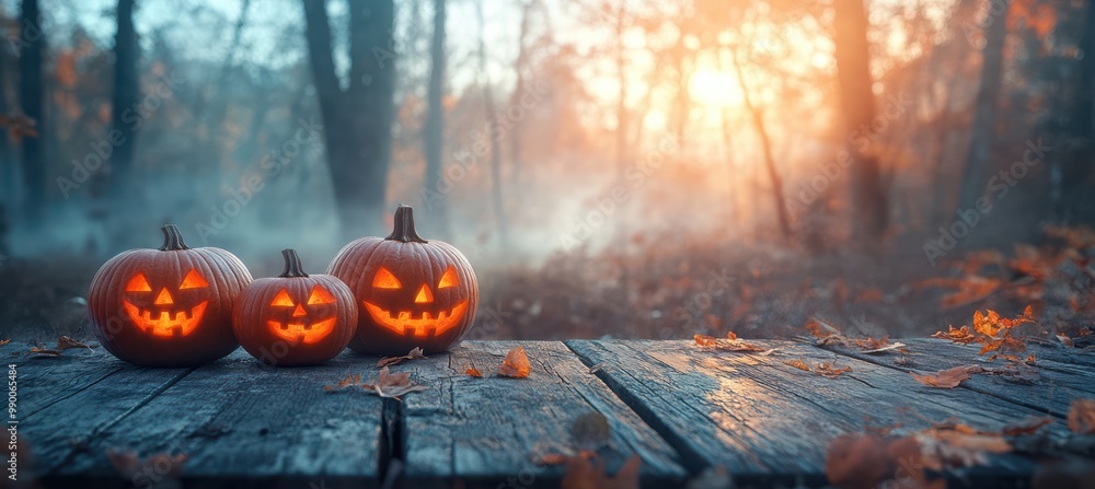 Spooky Halloween sunset with pumpkins on a blurred forest background. Spooky Halloween sunset with pumpkins on a blurred forest background.