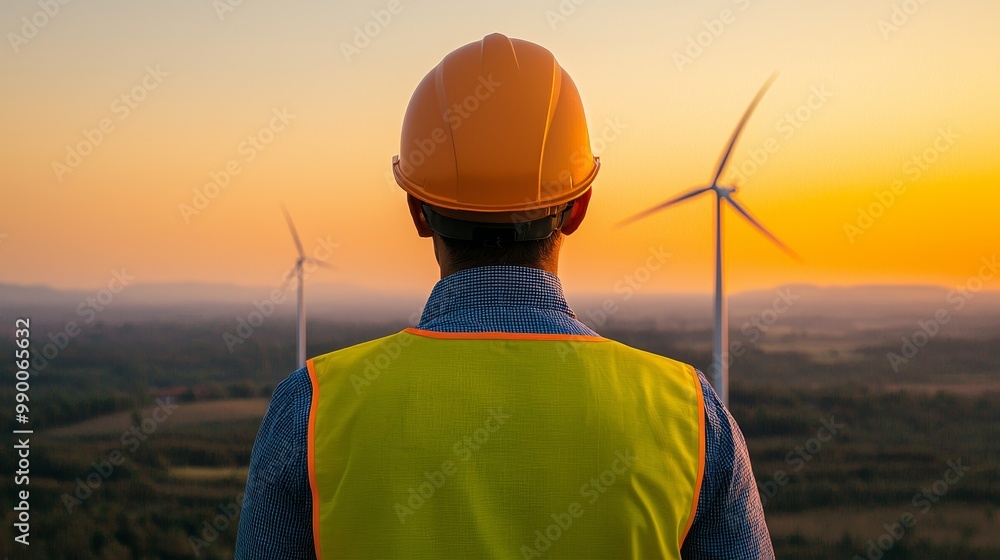 Engineer Overlooking Wind Turbines at Sunset Symbolizing Environment Social Governance (ESG) Concept for Sustainable Energy Engineer Overlooking Wind Turbines at Sunset Symbolizing Environment Social Governance (ESG) Concept for Sustainable Energy