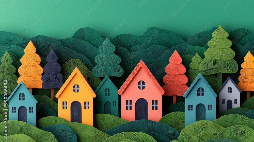 Naklejka premium Sustainable Living Concept with Paper Cutting Art - Eco-Friendly Houses and Nature in Vibrant Colors