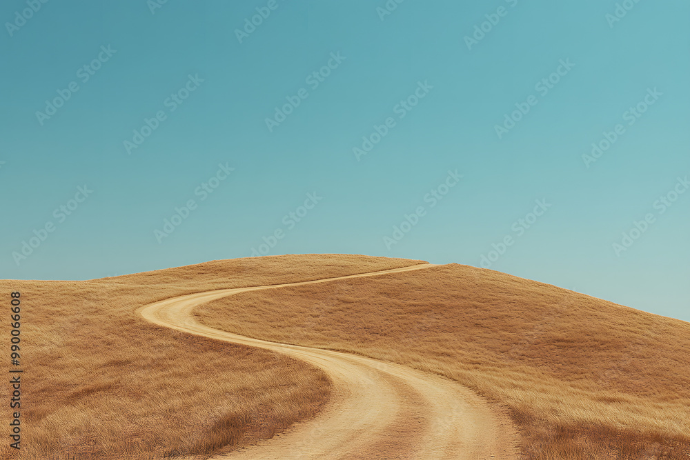 Fototapeta premium A desert road winds through the vast sandy landscape under a clear blue sky