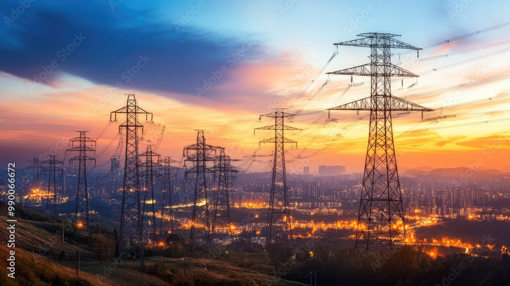 Fototapeta premium Electricity pylons and power infrastructure at sunset, emphasizing the importance of securing the energy grid