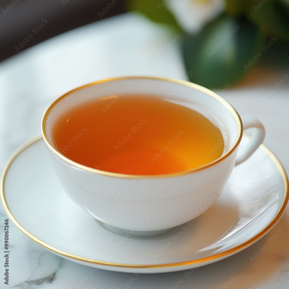 A hot cup of Earl Grey tea served in a white china cup with gold trim, offering a refined and calming tea experience A hot cup of Earl Grey tea served in a white china cup with gold trim, offering a refined and calming tea experience