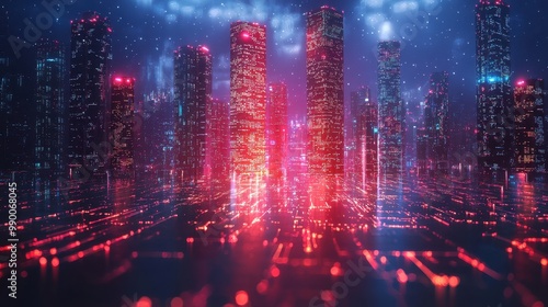 Wallpaper Mural Futuristic Cityscape with Neon Lights and Abstract Grid Pattern Torontodigital.ca