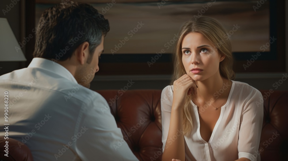 Visit to a psychologist. Woman sits on a couch and talks to a psychotherapist. Visit to a psychologist. Woman sits on a couch and talks to a psychotherapist.