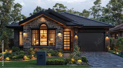 Wallpaper Mural Modern Brick House with Stone Facade  Evening Lights  and Lush Landscaping Torontodigital.ca