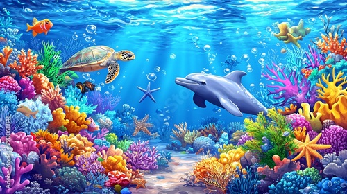 Fototapeta Naklejka Na Ścianę i Meble -  A vibrant underwater scene with a dolphin, a sea turtle, and colorful coral reefs.