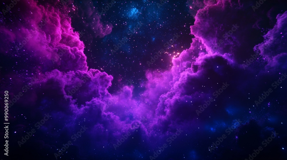 Obraz premium A mesmerizing view of vibrant purple clouds swirling across a starry night sky, representing dreams, mystery, beauty, hope, and the vastness of the cosmos.