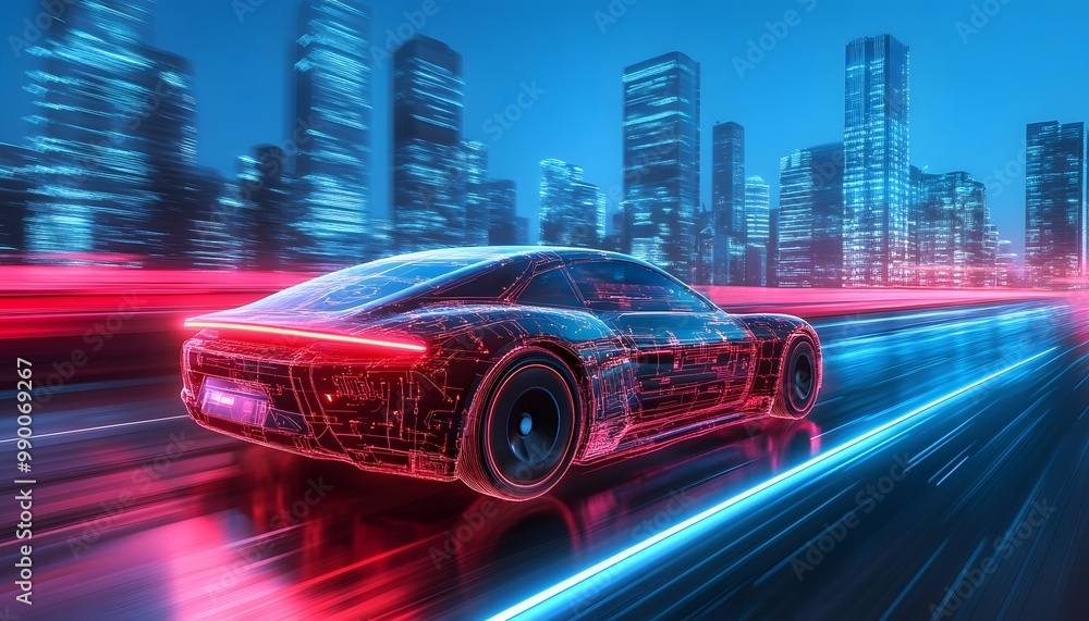 A cuttingedge unmanned car driving through a neonlit cityscape, showcasing advanced navigation technology A cuttingedge unmanned car driving through a neonlit cityscape, showcasing advanced navigation technology