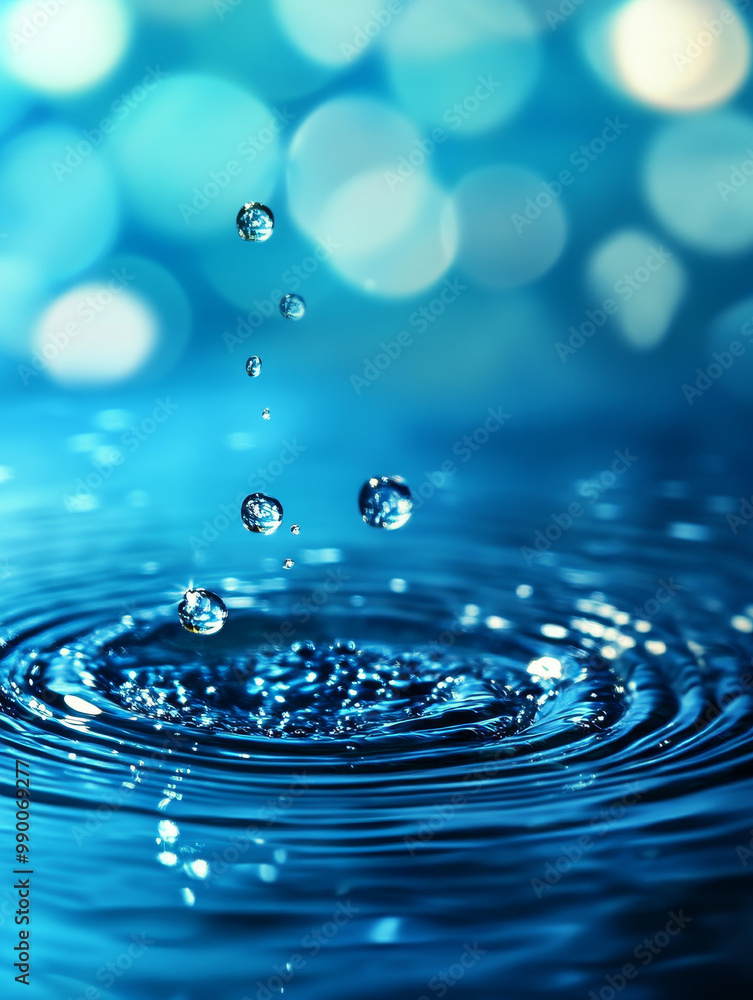 A mesmerizing blue water droplet splash with soft bokeh background, symbolizing serenity, purity, nature, tranquility, and harmony. A mesmerizing blue water droplet splash with soft bokeh background, symbolizing serenity, purity, nature, tranquility, and harmony.