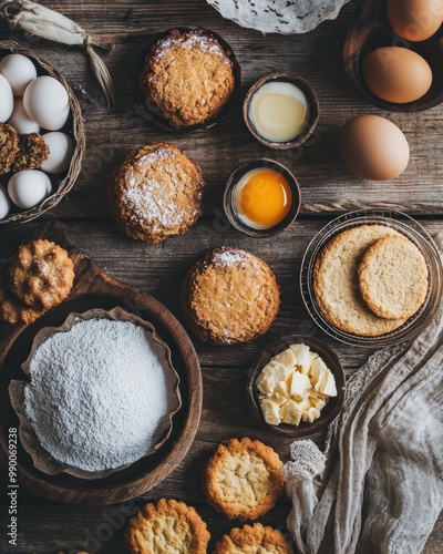 A collection of organic keto-friendly baked goods made with almond flour, erythritol, and organic eggs, displayed on a rustic wooden table, ready for a low-carb indulgence