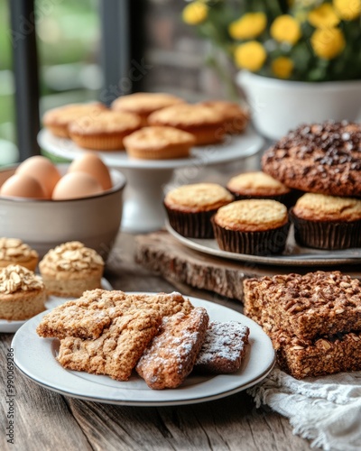 A collection of organic keto-friendly baked goods made with almond flour, erythritol, and organic eggs, displayed on a rustic wooden table, ready for a low-carb indulgence