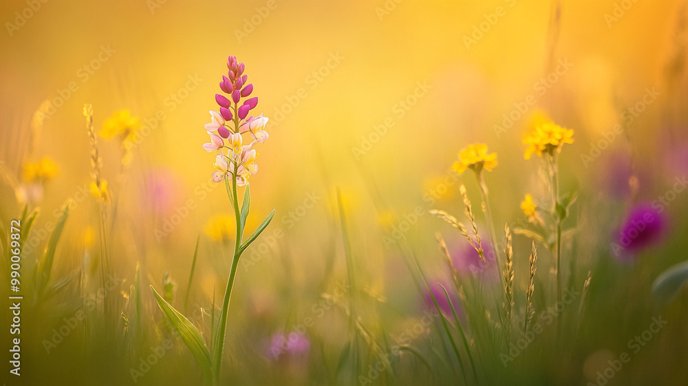 Fototapeta premium A vibrant wildflower meadow in spring showcasing colorful blooms under soft golden light