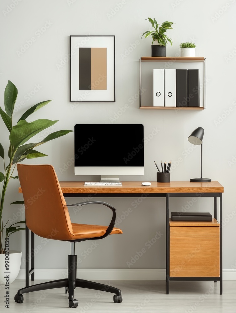 A minimalist home office space features a modern wooden desk with a comfortable brown leather office chair, a computer monitor, and a bookshelf with plants. A minimalist home office space features a modern wooden desk with a comfortable brown leather office chair, a computer monitor, and a bookshelf with plants.