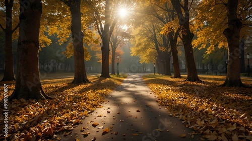 Chill in the Autumn Breeze. A calm autumn afternoon with golden leaves swaying in the breeze and sunlight filtering through. Realistic style. photo