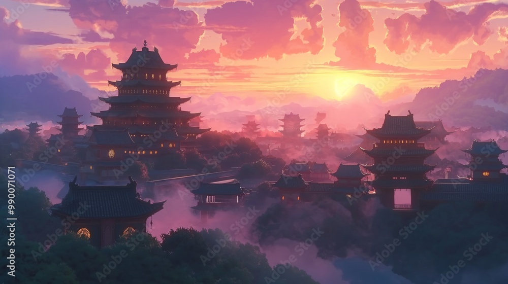 Obraz premium anime background of the landscape of a mist city