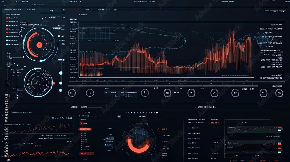 Fototapeta premium Forex trading platform graph with various indicators, showing a dramatic market shift in real-time data analysis.
