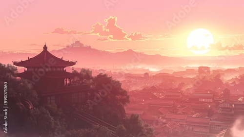 anime background of the landscape of a morning sun