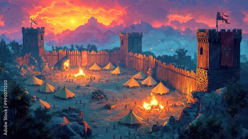 Medieval Campsite at Sunset with Fortress and Bonfires Medieval Campsite at Sunset with Fortress and Bonfires