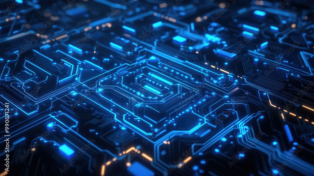 Futuristic abstract circuit board with glowing blue patterns, symbolizing advanced technological systems. Futuristic abstract circuit board with glowing blue patterns, symbolizing advanced technological systems.