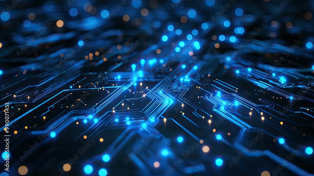 Futuristic circuit board design with glowing blue lines, symbolizing advanced technology and connectivity. Futuristic circuit board design with glowing blue lines, symbolizing advanced technology and connectivity.