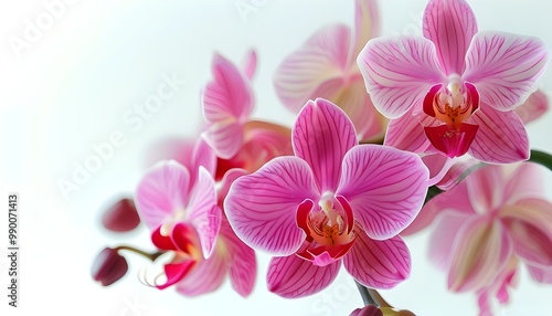 vibrant pink and red orchid blossoms elegantly displayed against a pristine white backdrop