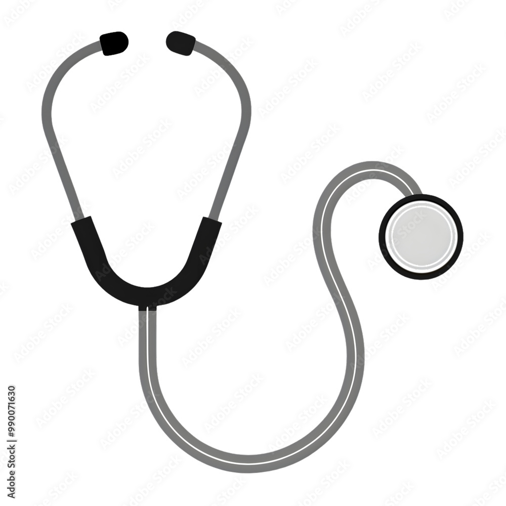 A stethoscope depicted in grayscale. The ear tips are black, and the tubing gracefully curves downward, showcasing a clean, professional medical tool, on a transparent background A stethoscope depicted in grayscale. The ear tips are black, and the tubing gracefully curves downward, showcasing a clean, professional medical tool, on a transparent background