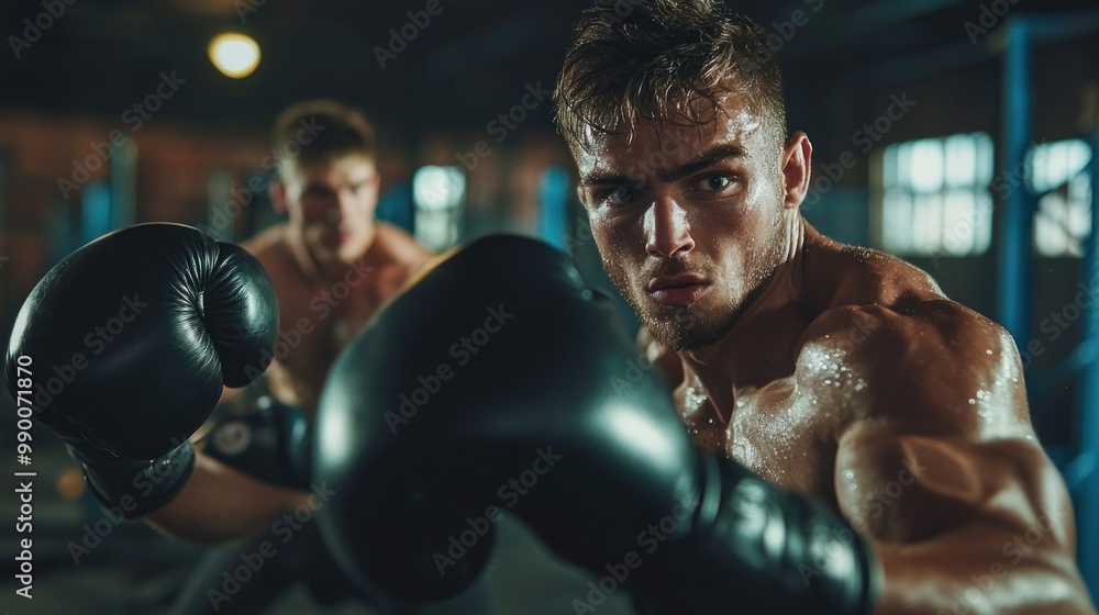 Young men boxing in a gym, training with intense expressions. Young men boxing in a gym, training with intense expressions.