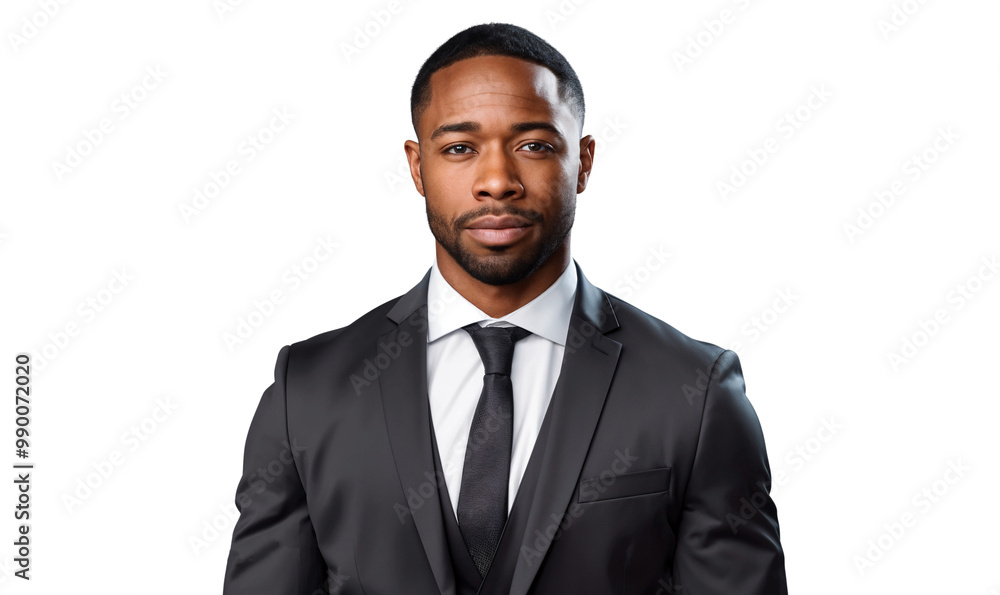 Professional headshot of an African American businessman in a suit, smiling happily, isolated on transparent background Professional headshot of an African American businessman in a suit, smiling happily, isolated on transparent background