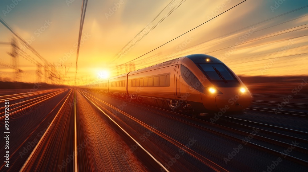 Naklejka premium A modern high-speed train races across the desert landscape towards a breathtaking sunset, symbolizing speed, progress, and the journey towards a brighter future.