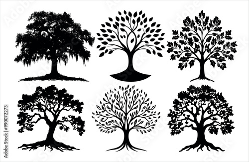 High quality oak tree silhouette vector isolated on white. nature. black color tree icon, copy space. 