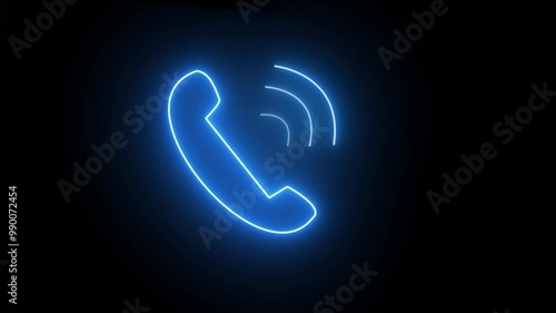 Incoming call ring icon with black background Screen Animation of phone call blue color icon. Phone ring sign on black background. Handset icon animation. Neon communication icon.