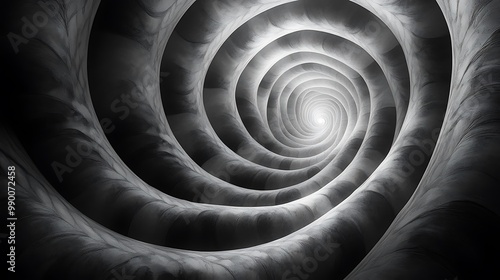 A mandala with spiraling lines creating a layered effect, black and white, fluid curves, interwoven layers, deep symmetry, high contrast.  --ar 16:9 --no logo