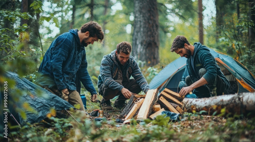 Young men camping in the woods, setting up tents and gathering firewood. Young men camping in the woods, setting up tents and gathering firewood.