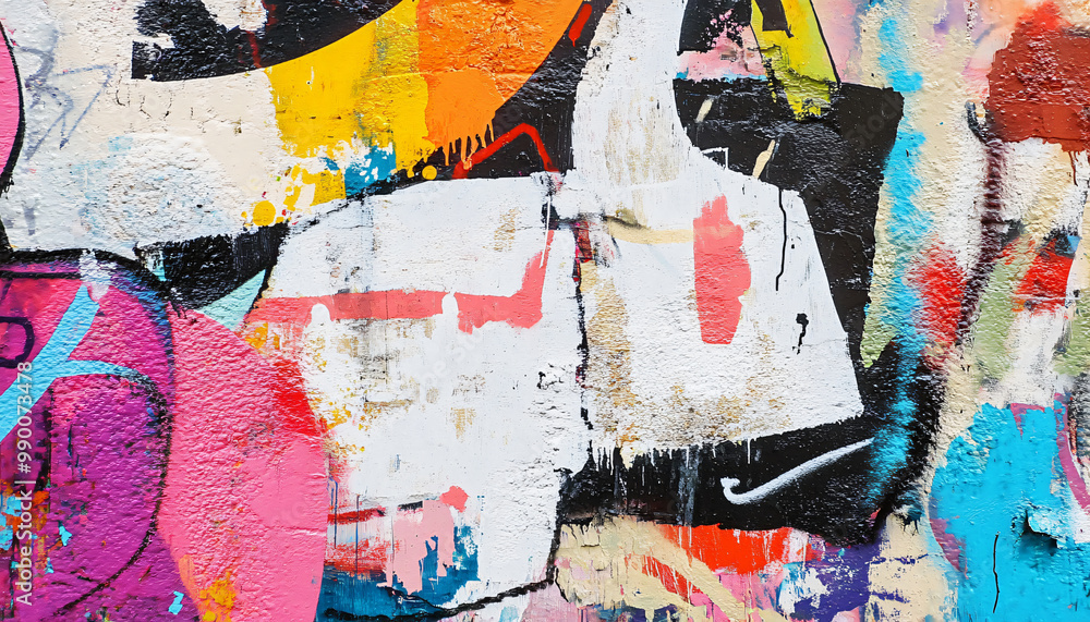 Fototapeta premium A graffiti-covered urban wall, showcasing vibrant colors, bold lines, and an edgy, artistic vibe