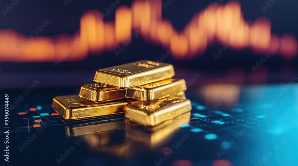 Gold bars stacked on a table with a graph behind, symbolizing financial success and precious metal investment. Gold bars stacked on a table with a graph behind, symbolizing financial success and precious metal investment.