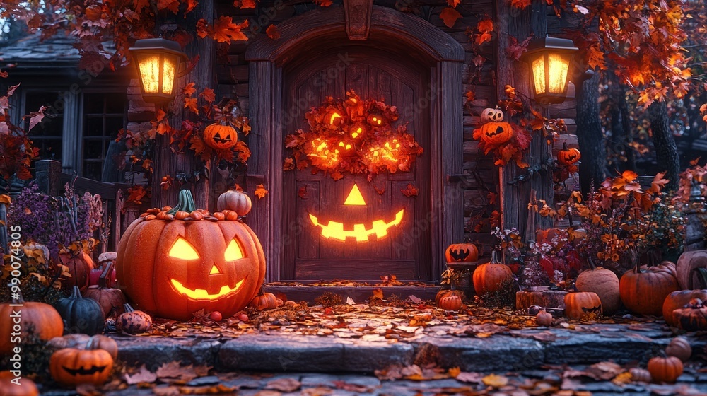 Halloween-themed entrance with carved pumpkins and autumn leaves. Halloween-themed entrance with carved pumpkins and autumn leaves.