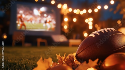 Outdoor football viewing event with string lights and autumn leaves, warm and festive atmosphere.
