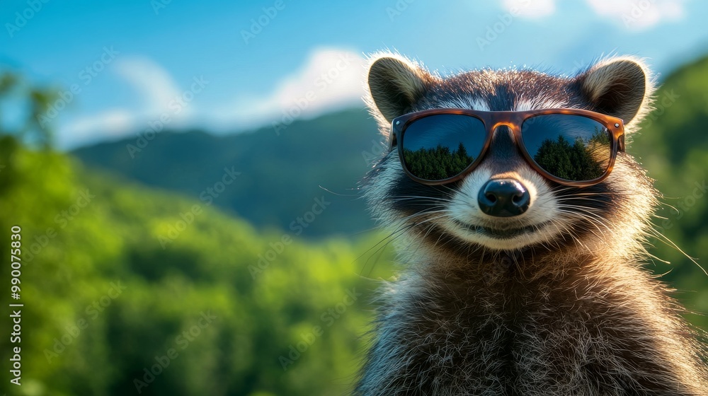 A raccoon wearing sunglasses, looking directly at the camera with a confident expression, set against a blurred background of green trees and a blue sky. The raccoon is a symbol of adaptability, resou A raccoon wearing sunglasses, looking directly at the camera with a confident expression, set against a blurred background of green trees and a blue sky. The raccoon is a symbol of adaptability, resou