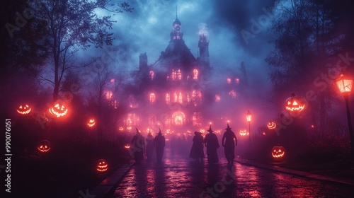 Spooky scene with glowing pumpkins and a haunted mansion backdrop.