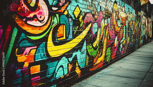 A graffiti-covered urban wall, showcasing vibrant colors, bold lines, and an edgy, artistic vibe