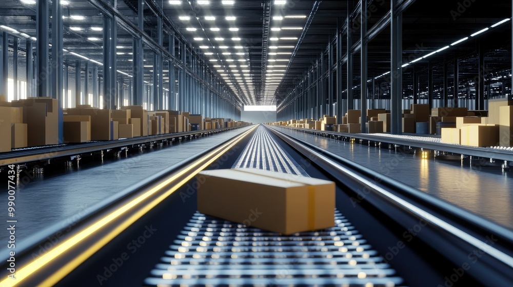 Fototapeta premium High-speed conveyor belts transporting packages in an advanced warehouse with minimal human intervention.