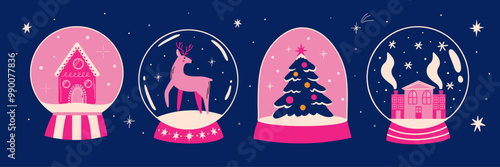 Collection of Christmas crystal snowballs flat cartoon vector illustration, Cute winter holiday decoration, glass snowglobe with Xmas tree, ornaments, baubles, sweet home, deer, snowflakes design