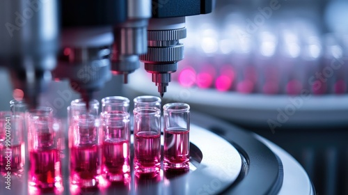 High-tech lab equipment processing vials of samples, symbolizing progress in precision diagnostics.