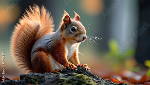 Red squirrel amidst lush greenery in a serene natural setting